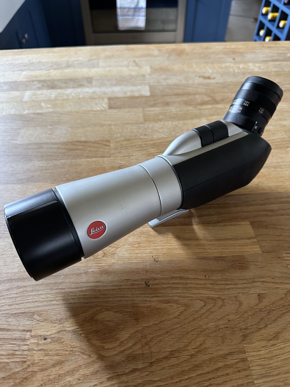 Leica Apo Televid 62 Angle View & Velbon Sherpa 200r Tripod & Accessories photo for sale