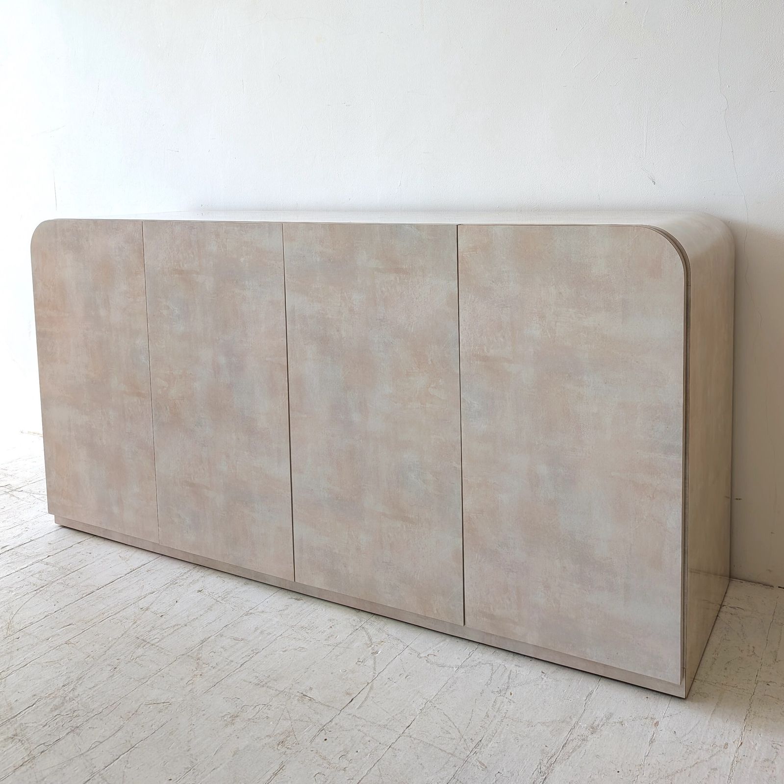Furniture Post Modern Vintage Pastel Pink Blue Peach Laminate Waterfall Sideboard USA 1980s photo