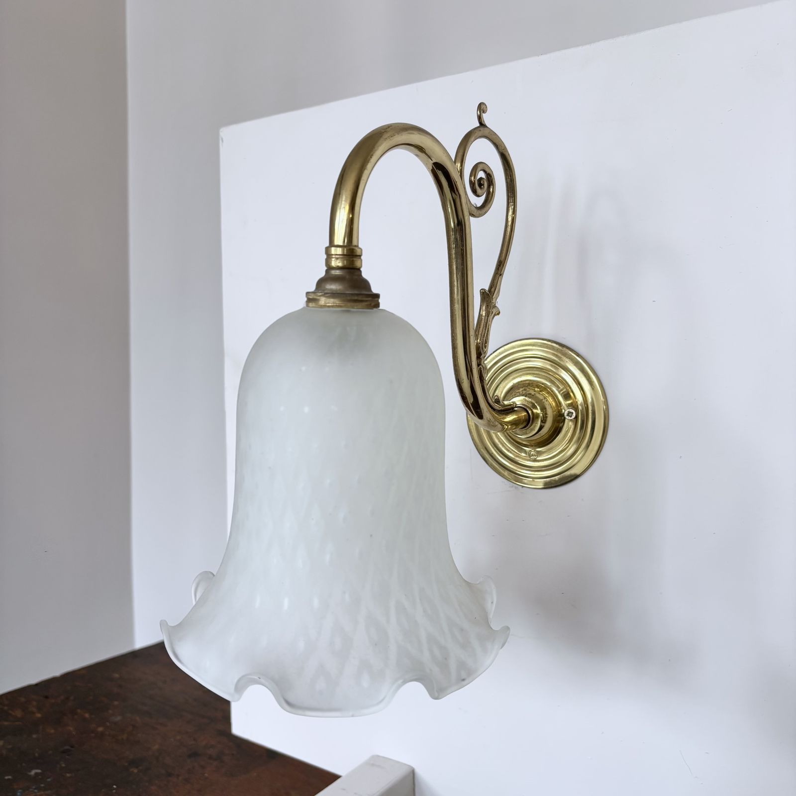 Pair Of Polished Brass Wall Lights With Frosted Harlequin Shades photo 395.0