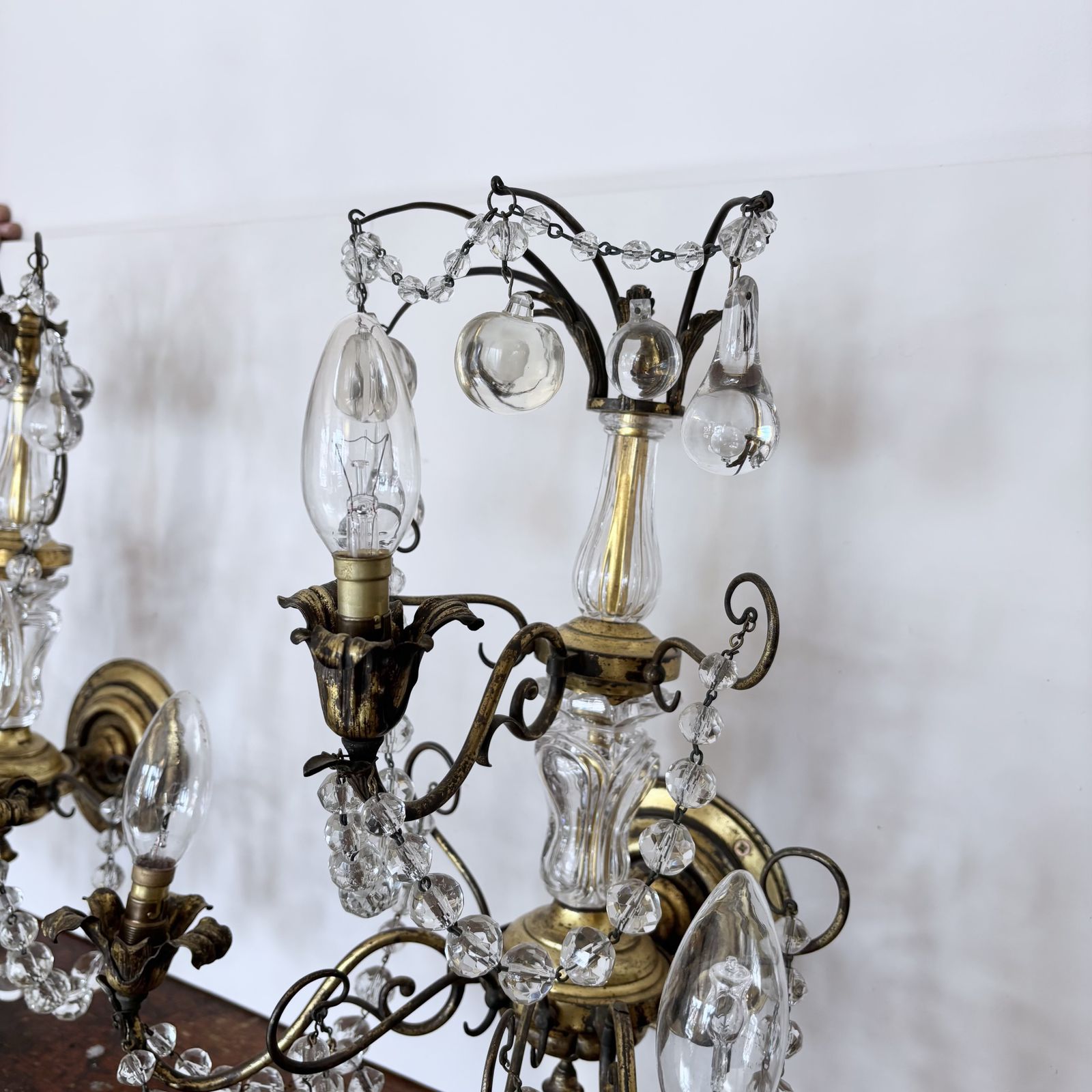 Pair Of Large French Brass Wall Lights With Decorative Crystal Glass Drops photo Lighting