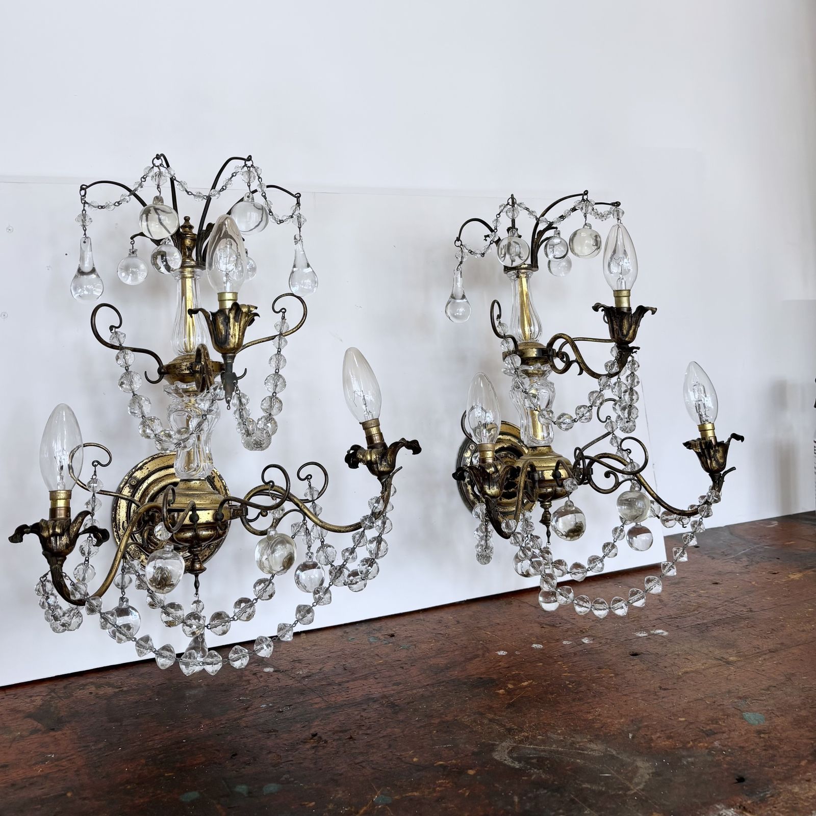 Pair Of Large French Brass Wall Lights With Decorative Crystal Glass Drops photo vinterior