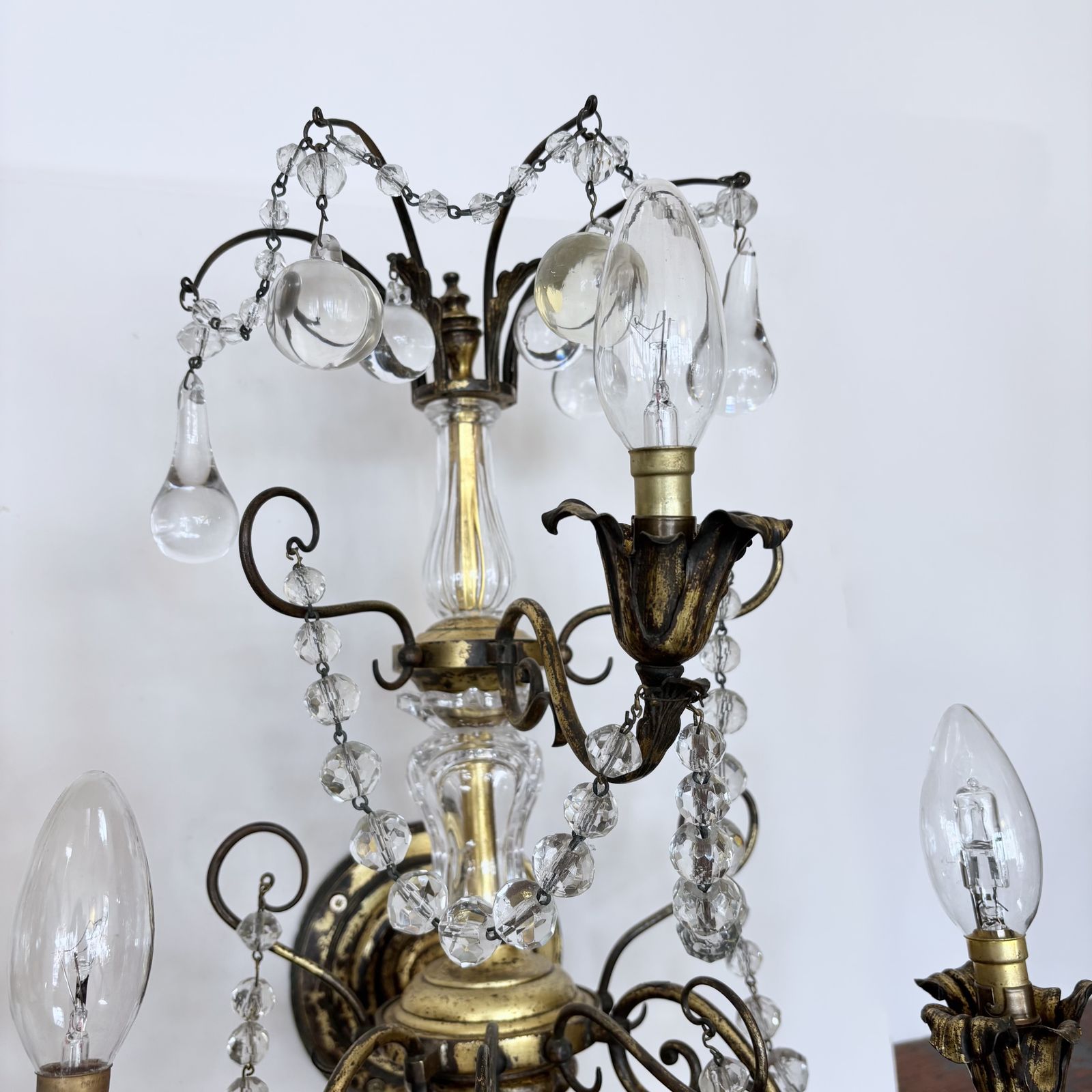 Pair Of Large French Brass Wall Lights With Decorative Crystal Glass Drops photo vintage