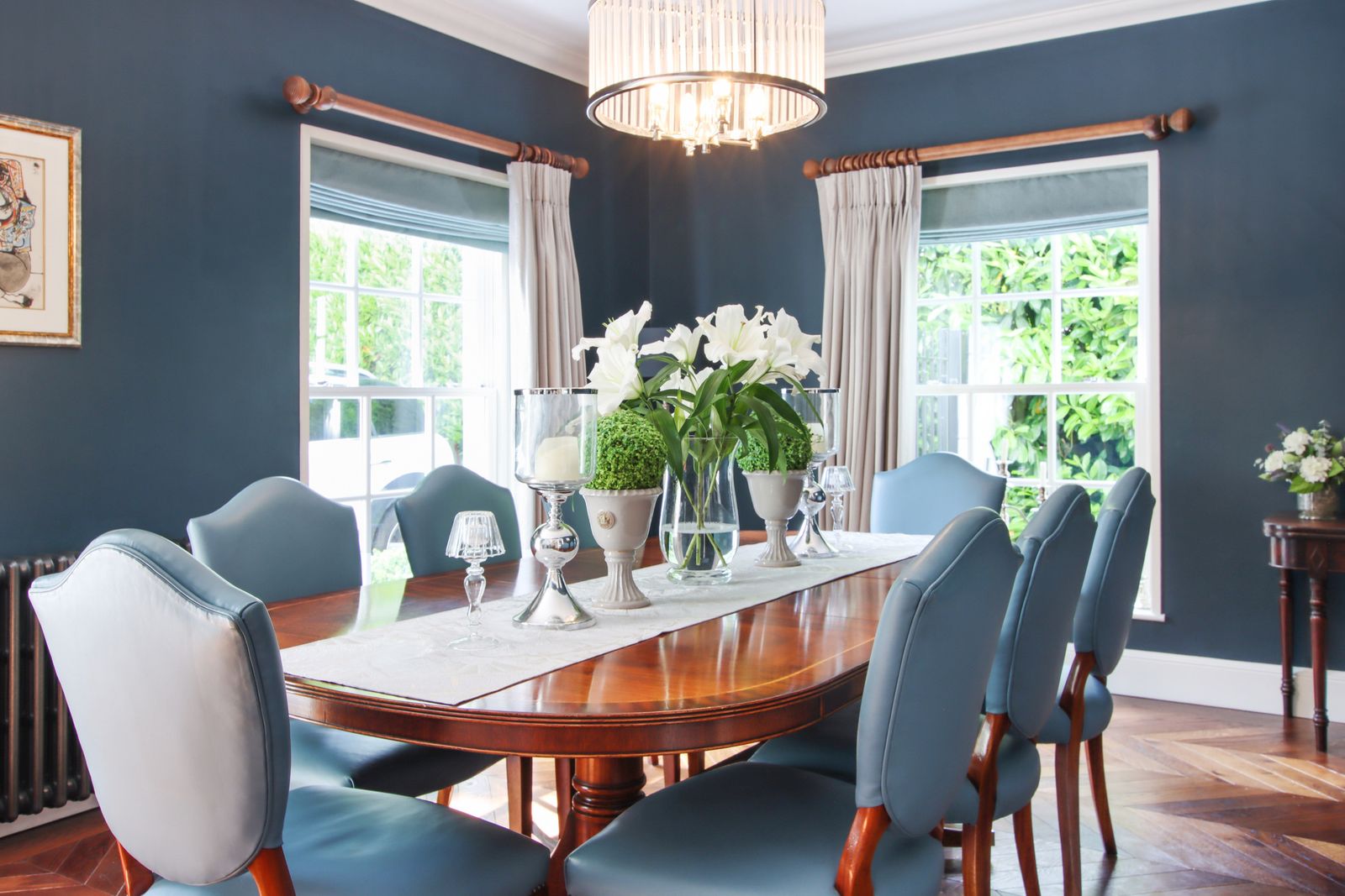 Iain James Dining Table & 8 Chairs In Blue/Grey Leather. + Removable Extension