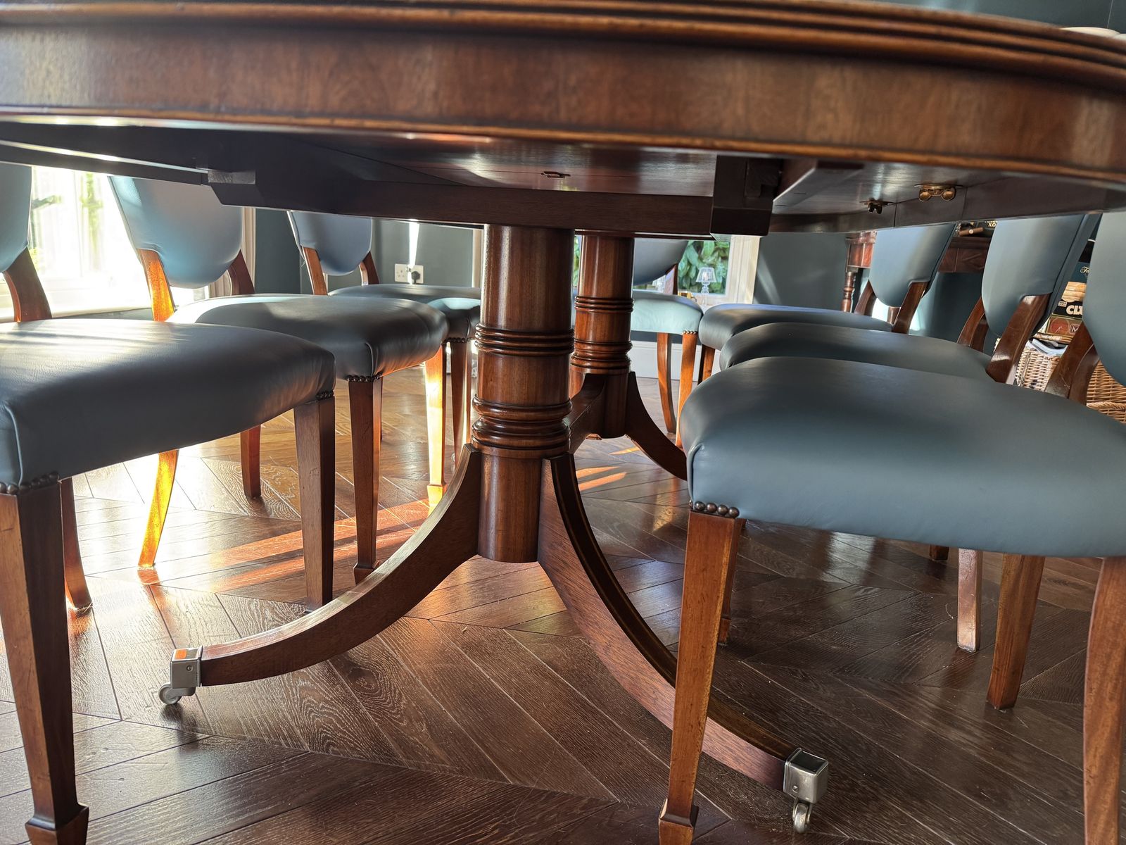 Iain James Dining Table & 8 Chairs In Blue/Grey Leather. + Removable Extension photo for sale