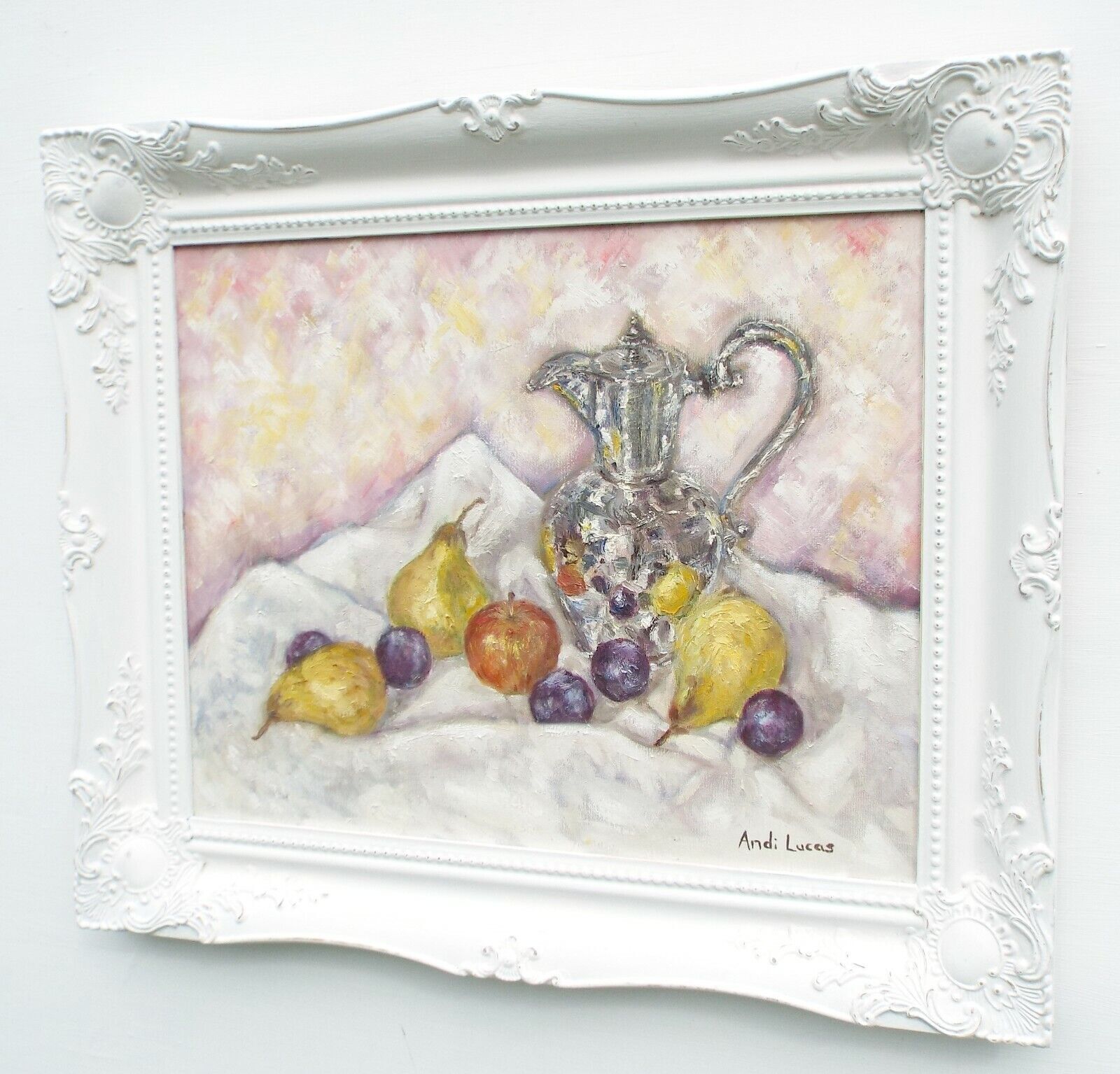 Fruits & Silver Still Life Oil Painting Signed Framed Original Apples Pears Andi photo for sale