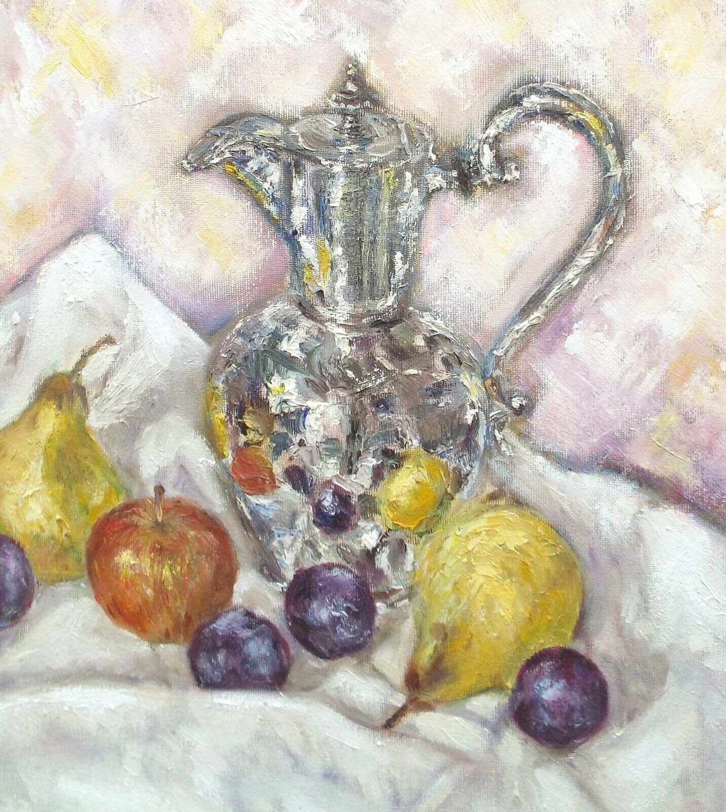 Fruits & Silver Still Life Oil Painting Signed Framed Original Apples Pears Andi photo buy