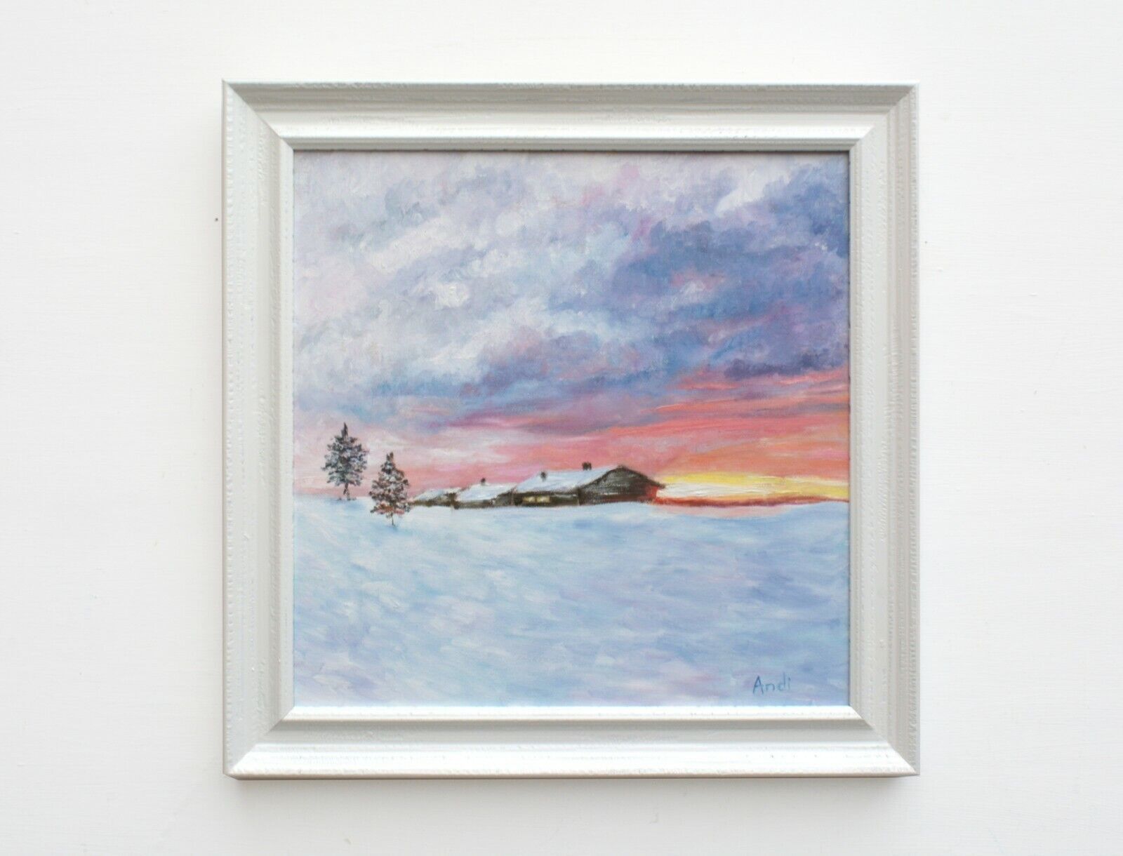 Log Cabin Snowscene Landscape Oil Painting Winter Sunset Framed Andi J Lucas