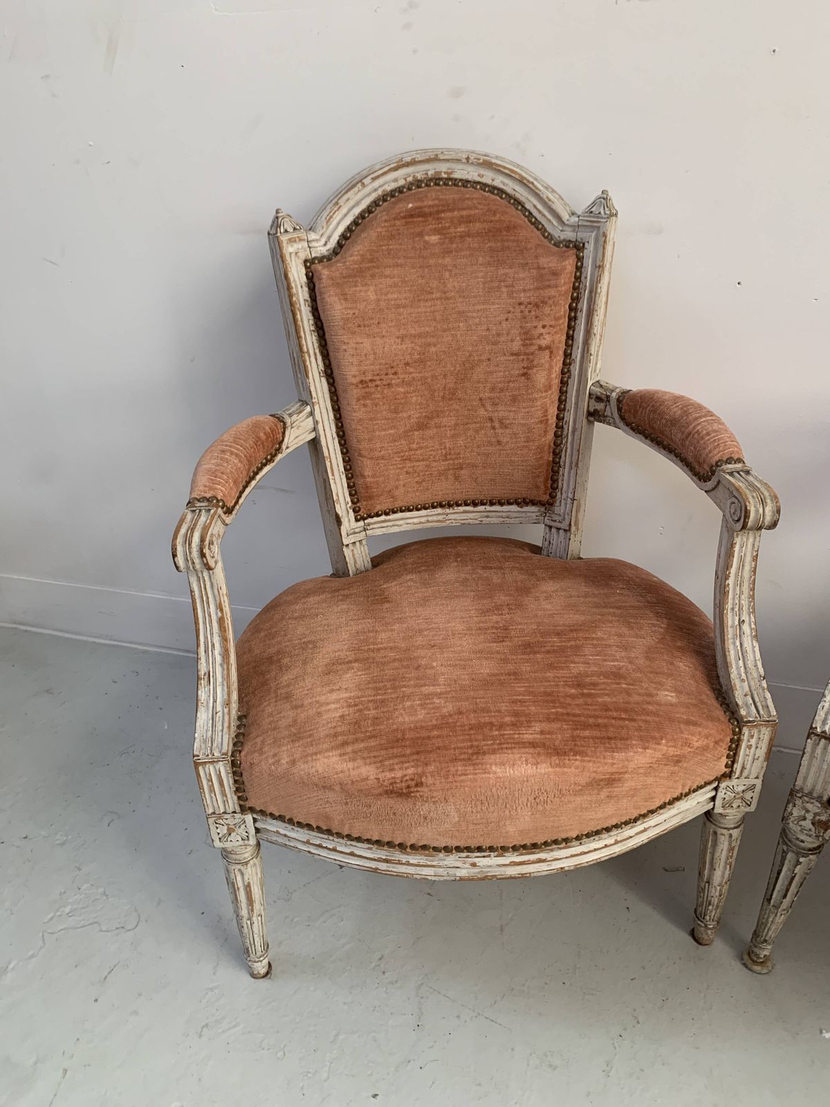 950.63 Pair Of Louis XVI Style Armchairs In Patinated Beech, 19th Century photo