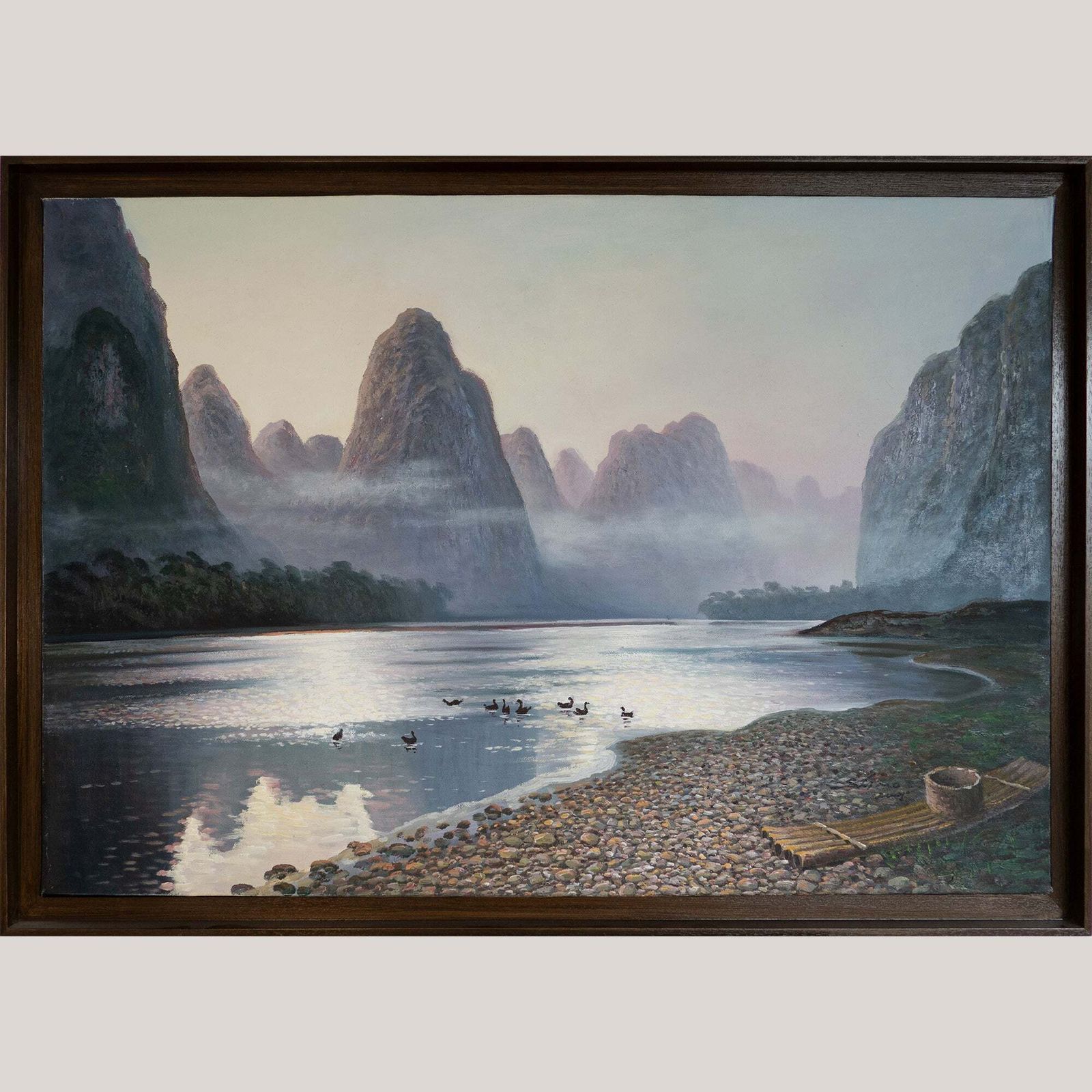 Tranquil Dawn On The Li River – Misty Karst Mountains – Oil On Canvas photo furniture
