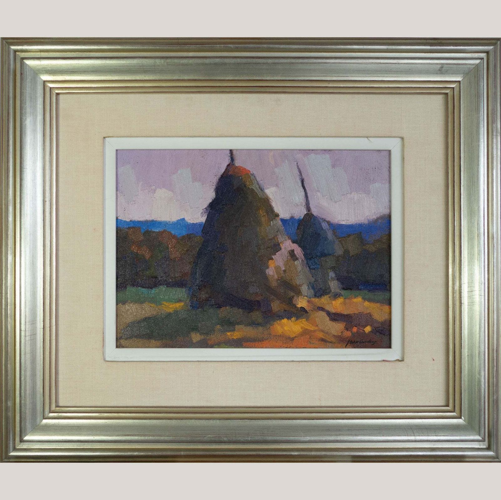 Twilight Haystacks – Joan Condins – Ingelijst Impressionistisch Olieverfwerk photo furniture