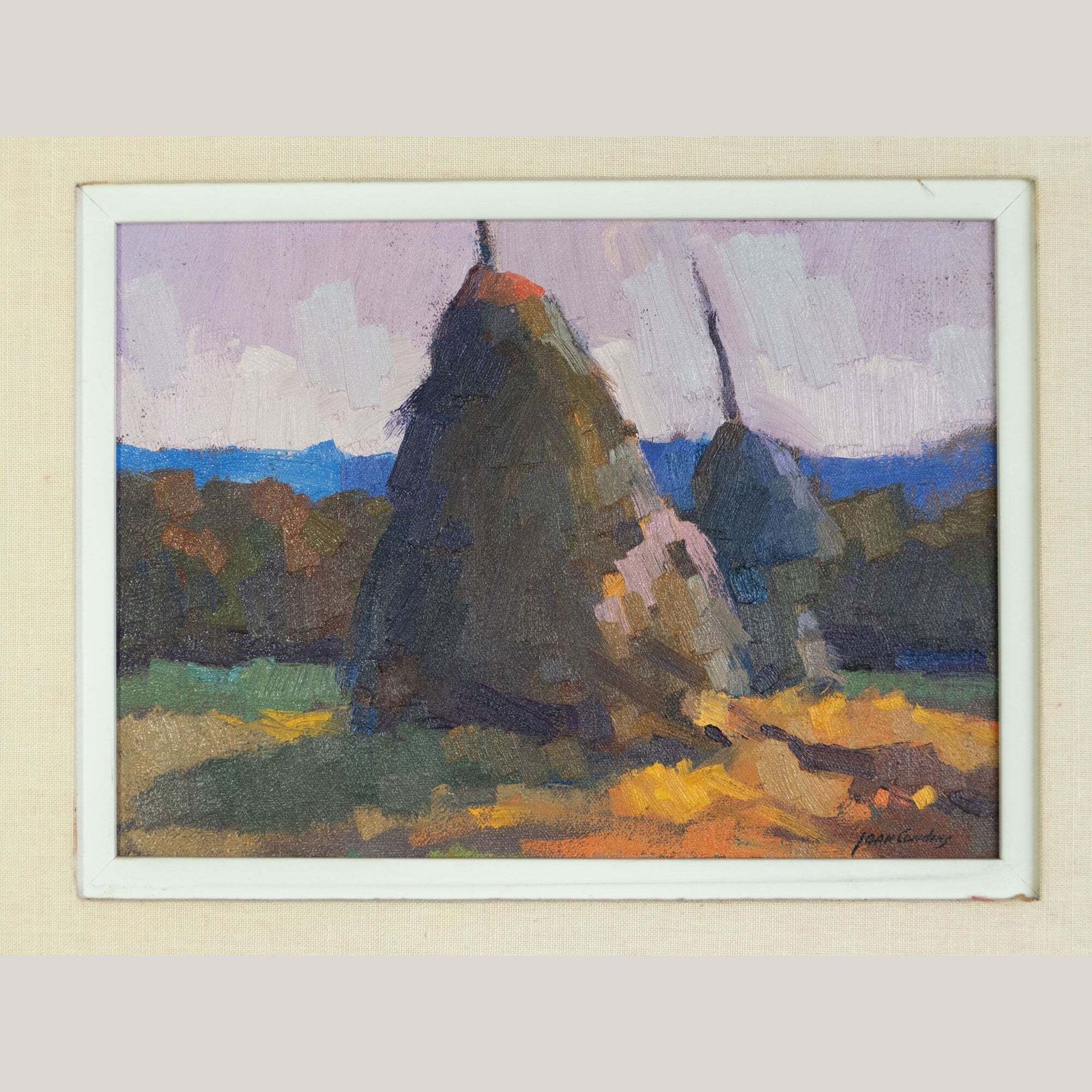 Twilight Haystacks – Joan Condins – Ingelijst Impressionistisch Olieverfwerk photo for sale