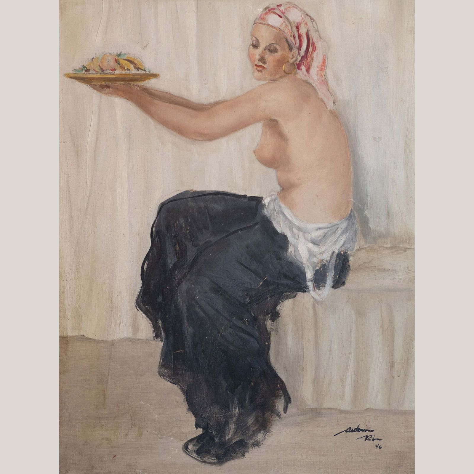 Zittende Vrouw Met Fruit – Olieverfschilderij Van Antonio Riba (1946)