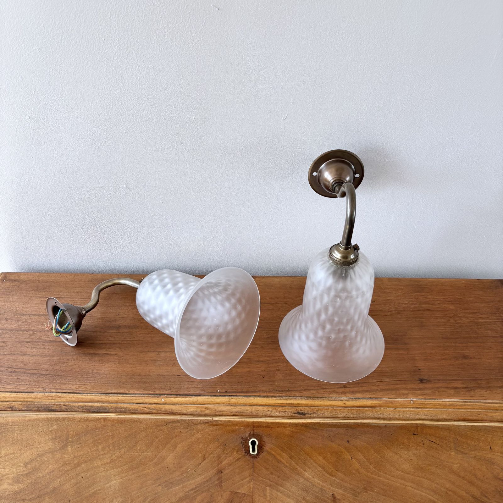 Pair Of Frosted Bell Glass Shade Wall Lights In Antique Brass photo 295.0