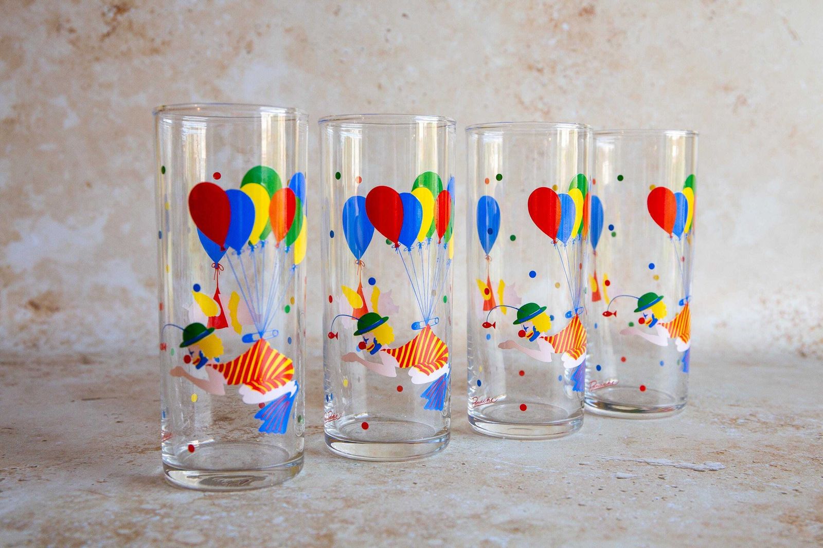 Vintage Glass Tumblers Set Of 4, Clown Print Glass Tumblers, Retro Glass Tumblers, Kitsch Print Tumblers, Vintage Panache Tumblers photo 52.0