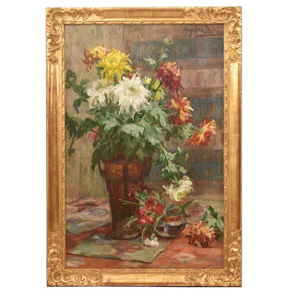 Art Deco Still Life Painting, Flowers Vase Painting, Chrysanthemums, Oil On Canvas, Antique Painting, Art Deco, XX. (Qf653)