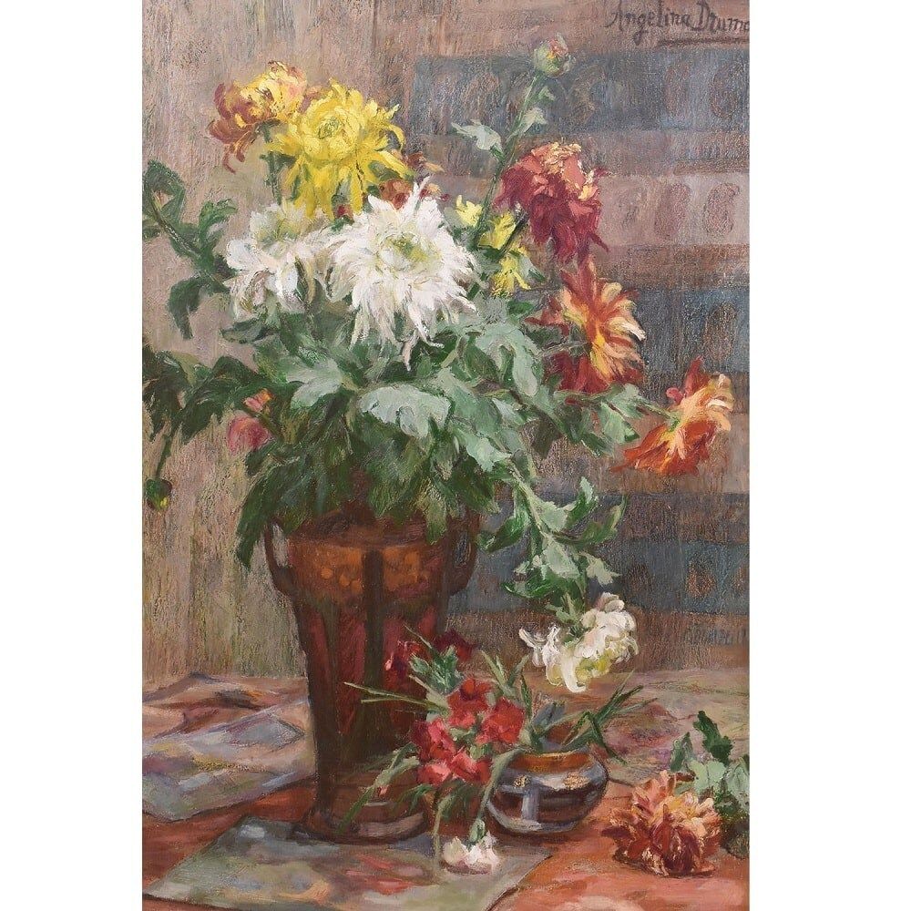 Art Deco Still Life Painting, Flowers Vase Painting, Chrysanthemums, Oil On Canvas, Antique Painting, Art Deco, XX. (Qf653) photo for sale