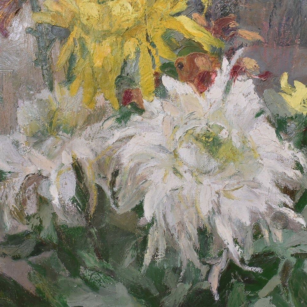 Art Deco Still Life Painting, Flowers Vase Painting, Chrysanthemums, Oil On Canvas, Antique Painting, Art Deco, XX. (Qf653) photo buy