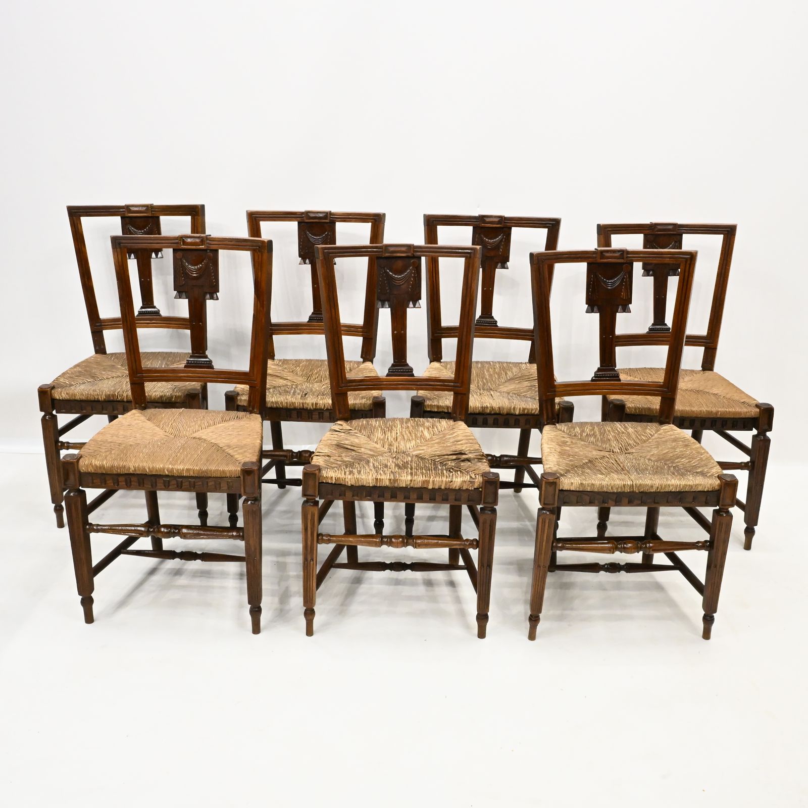 Set Of 7 Georgian Dining Chairs With Rush Seats Back Carvings Free Uk Delivery