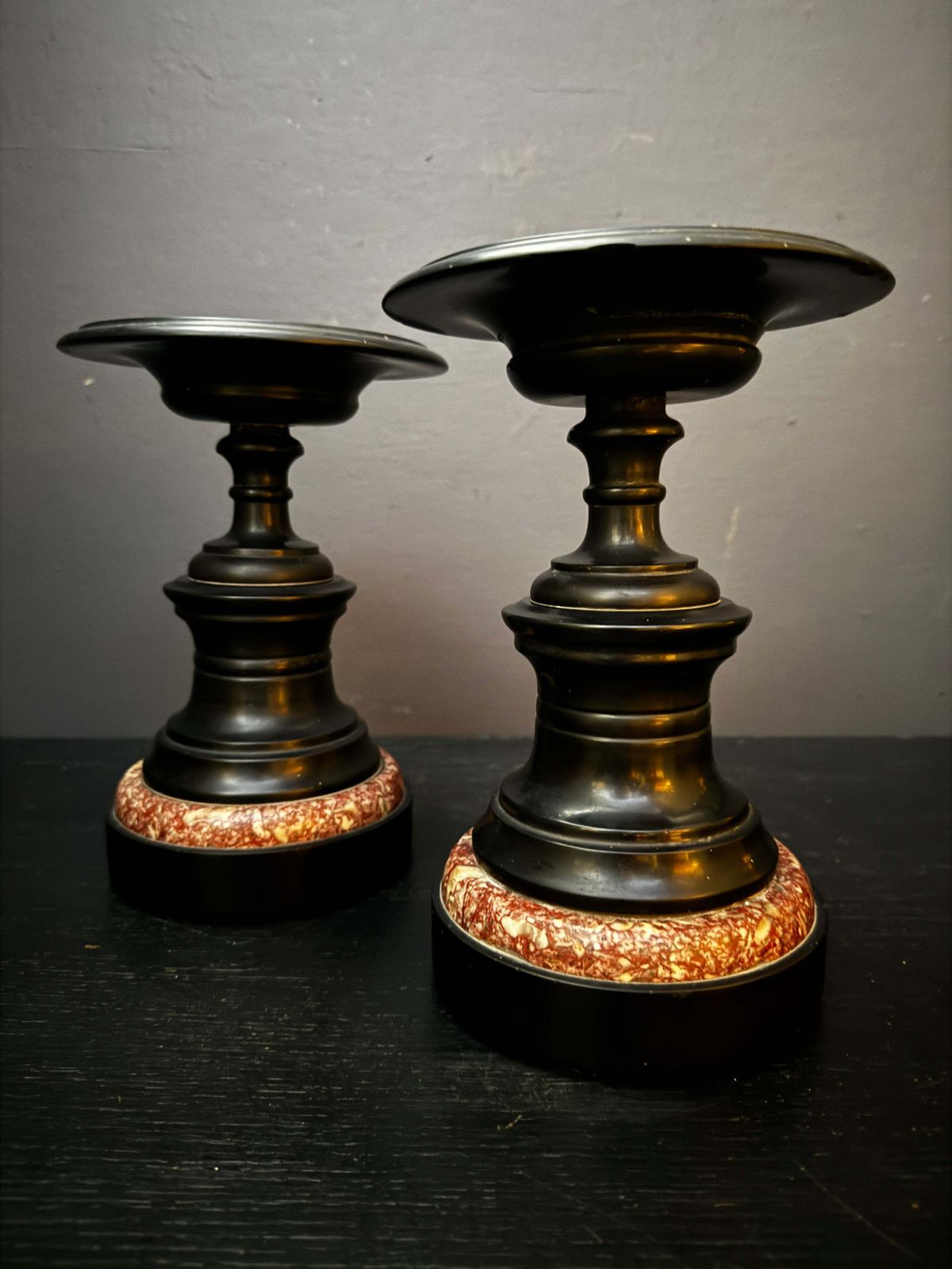 Mid 1800s Pair Of French Turned Black Marble Candle Sticks