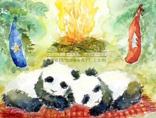 Pandas Christmas Campfire Illustration Cute Original Watercolour Painting Andi photo furniture