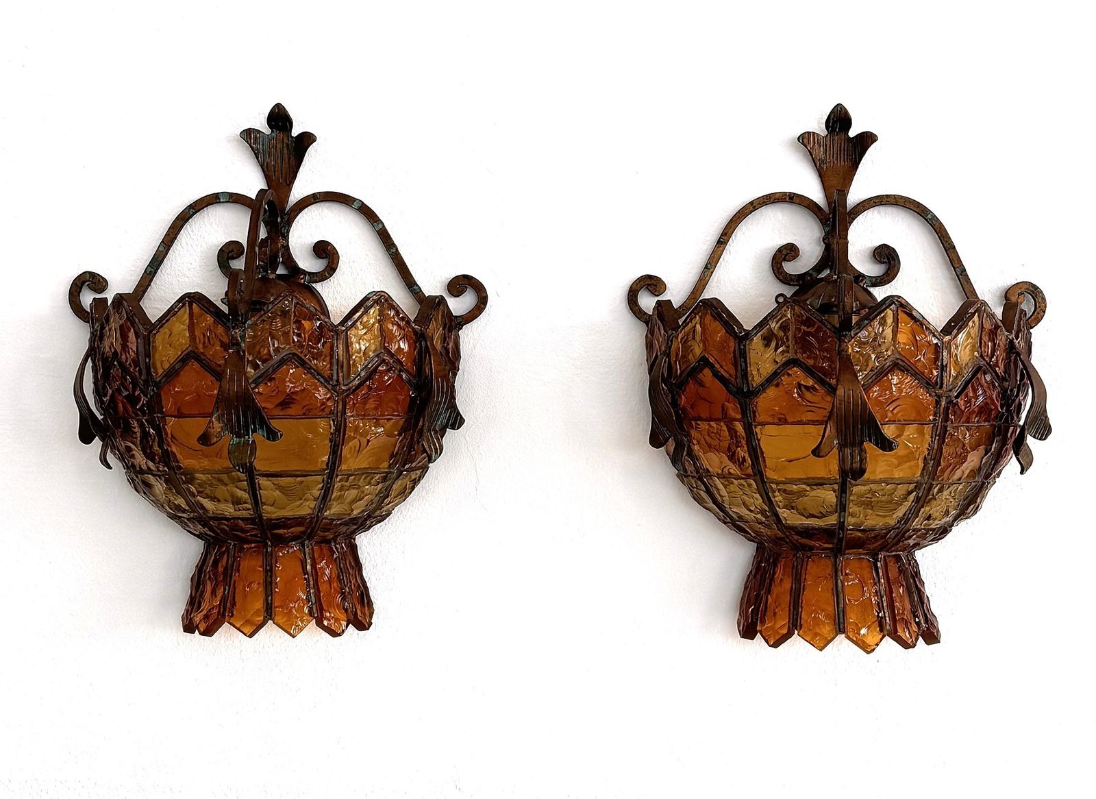 Pair Of Sconces In Wrought Iron And Hammered Glass By Longobard, Italy, 1970s