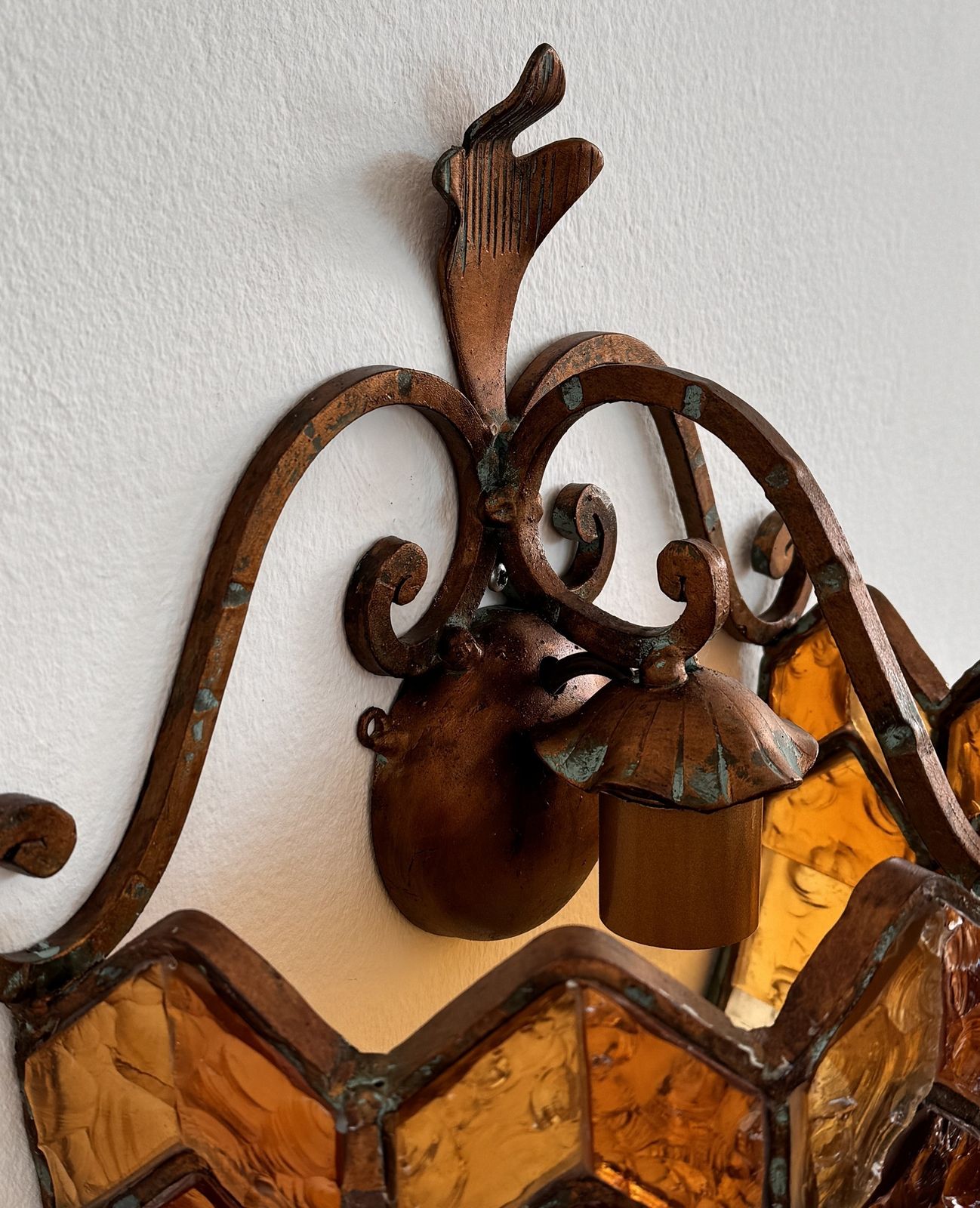 Pair Of Sconces In Wrought Iron And Hammered Glass By Longobard, Italy, 1970s photo for sale