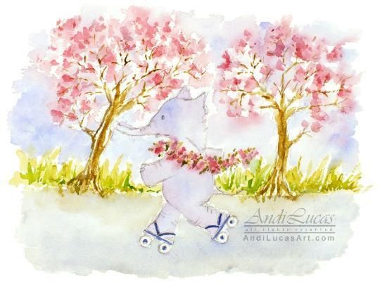 Elephant Skater Illustration Cute Original Watercolour Painting Andi J Lucas