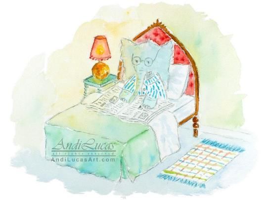 Elephant Reading News Illustration Cute Original Watercolour Painting Andi Lucas