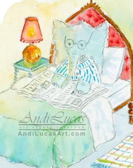 Elephant Reading News Illustration Cute Original Watercolour Painting Andi Lucas photo furniture