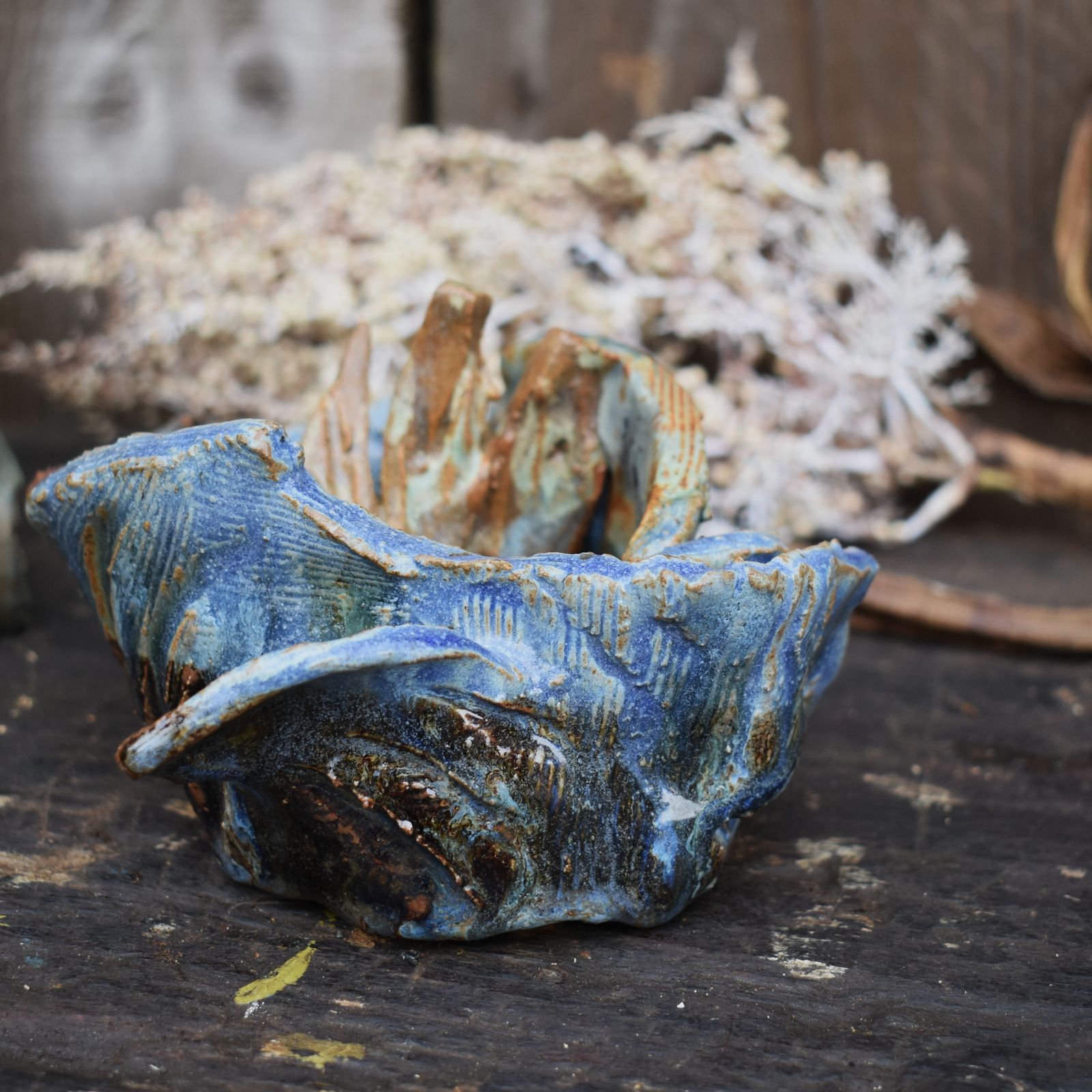 Vintage Hand Made Stylised Flower Petal Stamen Studio Pottery Sculpture Dish photo for sale