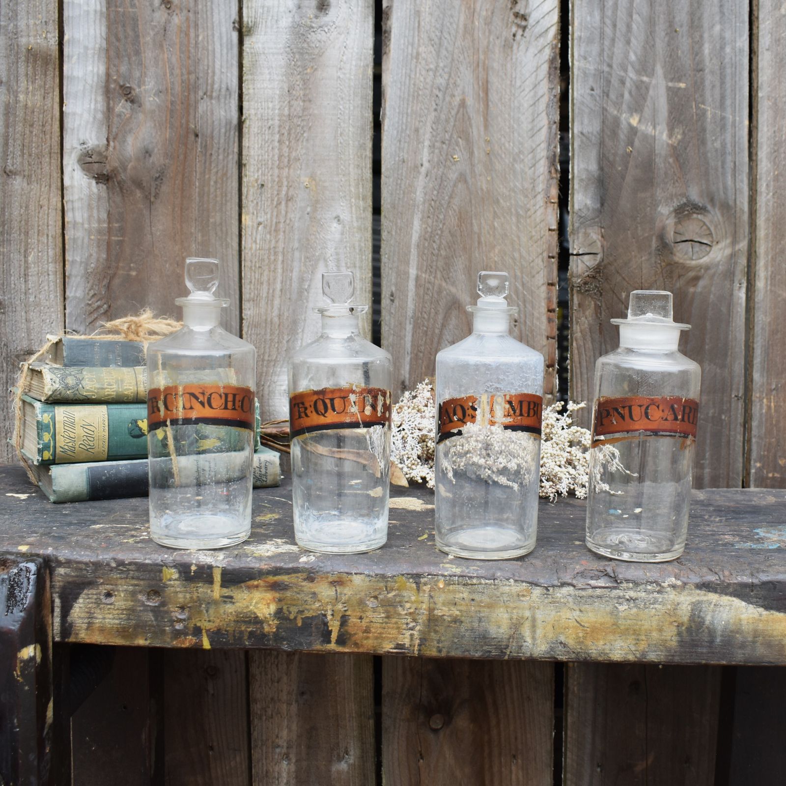 Antique Victorian Chemist Apothecary Tincture Hand Blown Pontil Bottle Set Of 4 photo Woonaccessoires