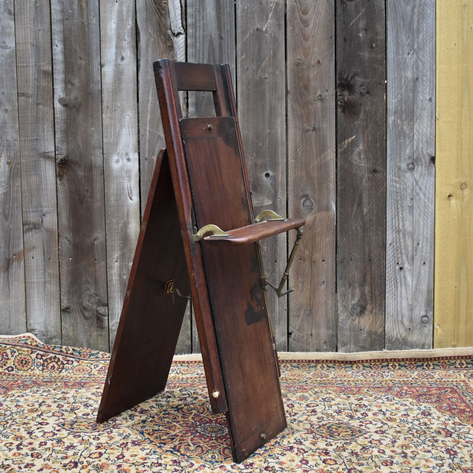 Antique Rare Victorian Mahogany Brass Folding Campaign Artists Seat photo for sale