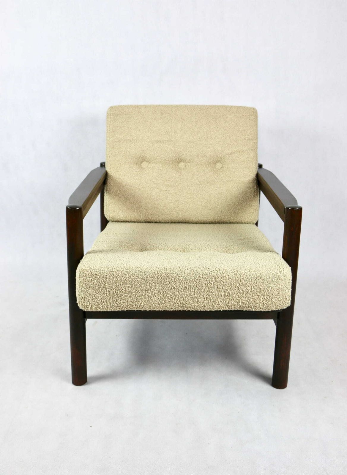Wooden Armchair Designed By Z. Baczyk, Brown. Vintage Beige Boucle photo furniture