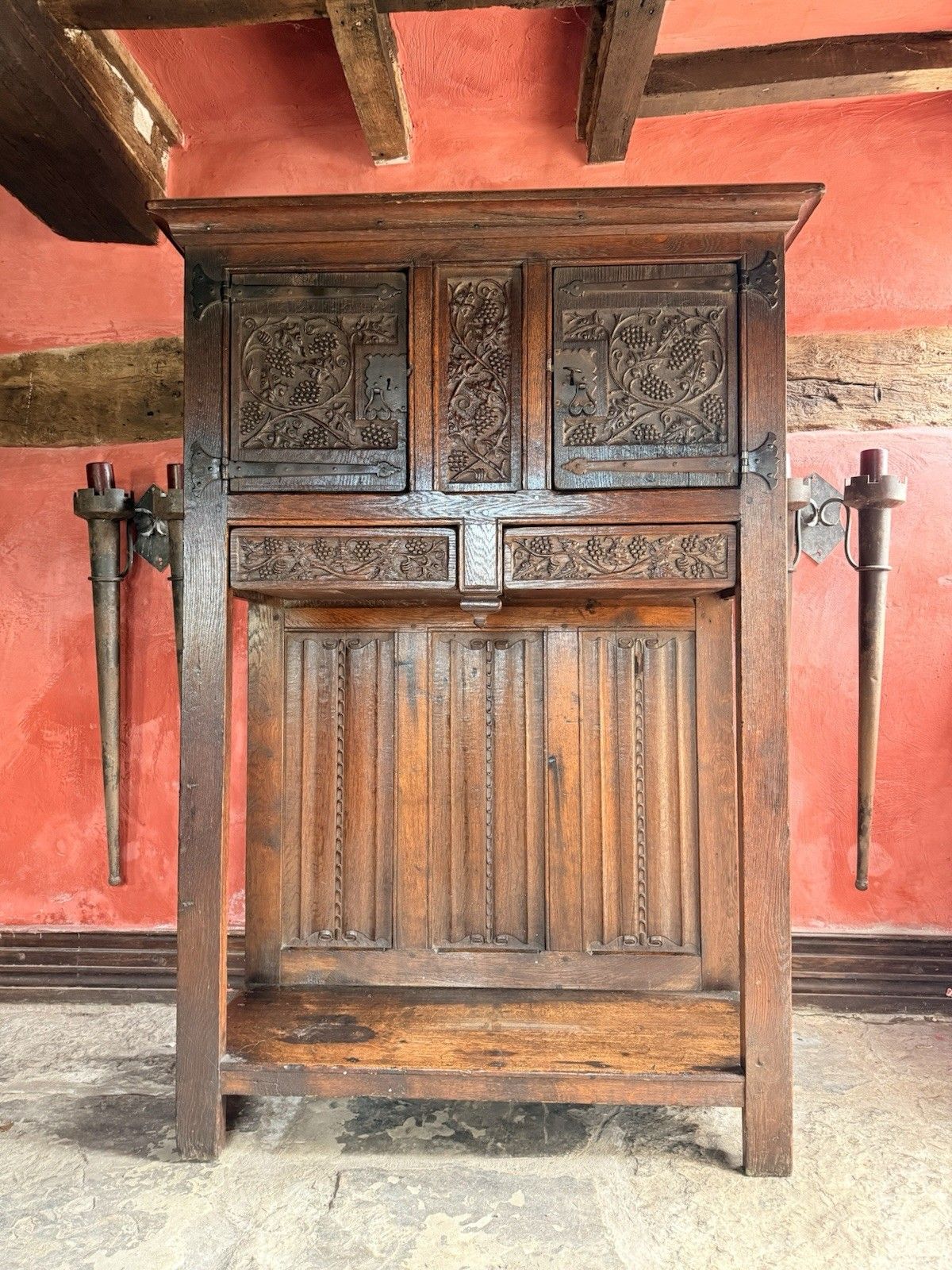 Rare Antique Oak Carved Floorstanding Cupboard Cabinet Dresser Buffet C 1700s photo furniture