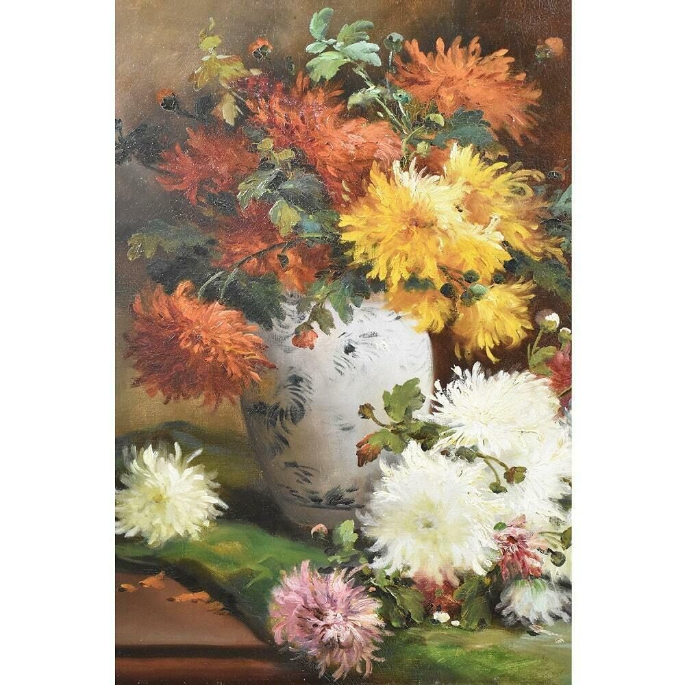 Antique Floral Paintings, Dahlias Flowers, Oil On Canvas, 19th Century. (Qf483) photo Art