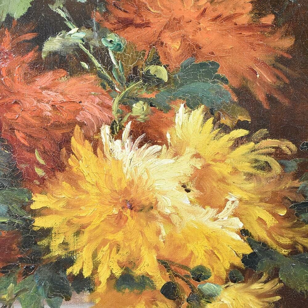 Antique Floral Paintings, Dahlias Flowers, Oil On Canvas, 19th Century. (Qf483) photo 2800.0