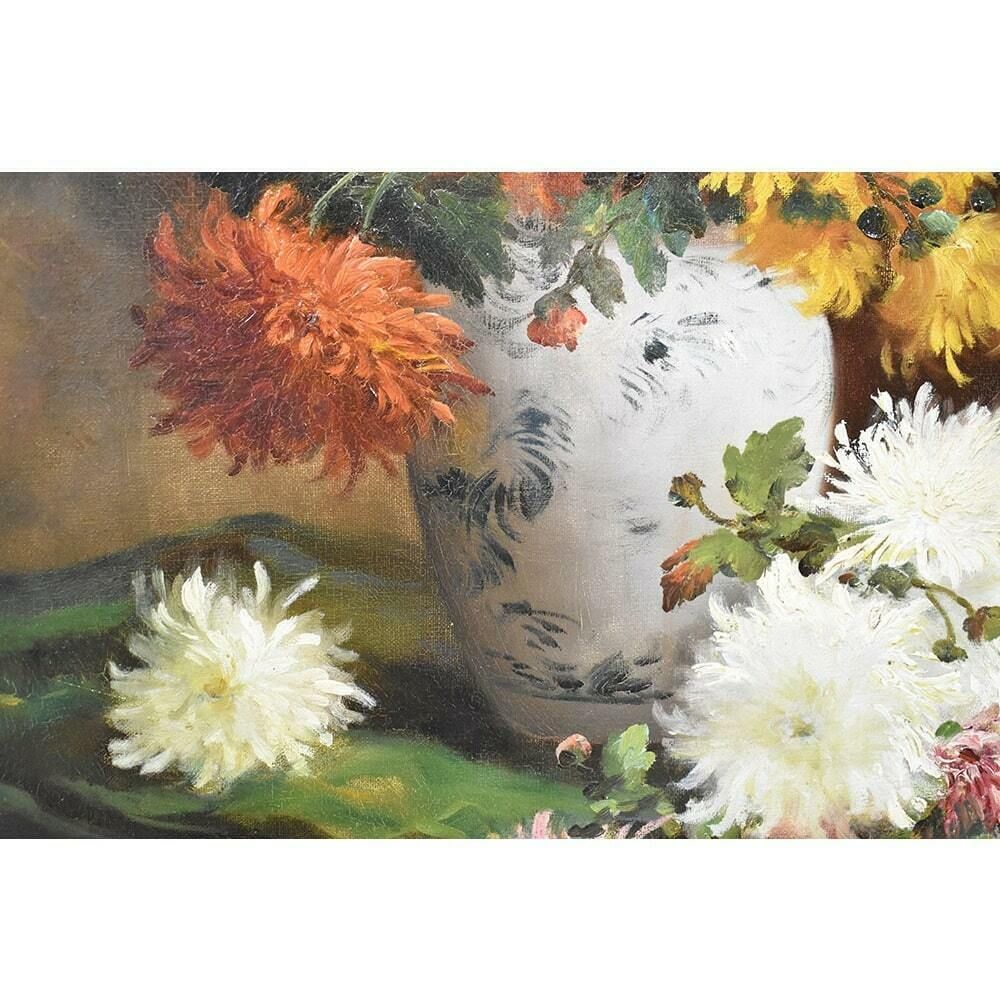 Antique Floral Paintings, Dahlias Flowers, Oil On Canvas, 19th Century. (Qf483) photo vintage