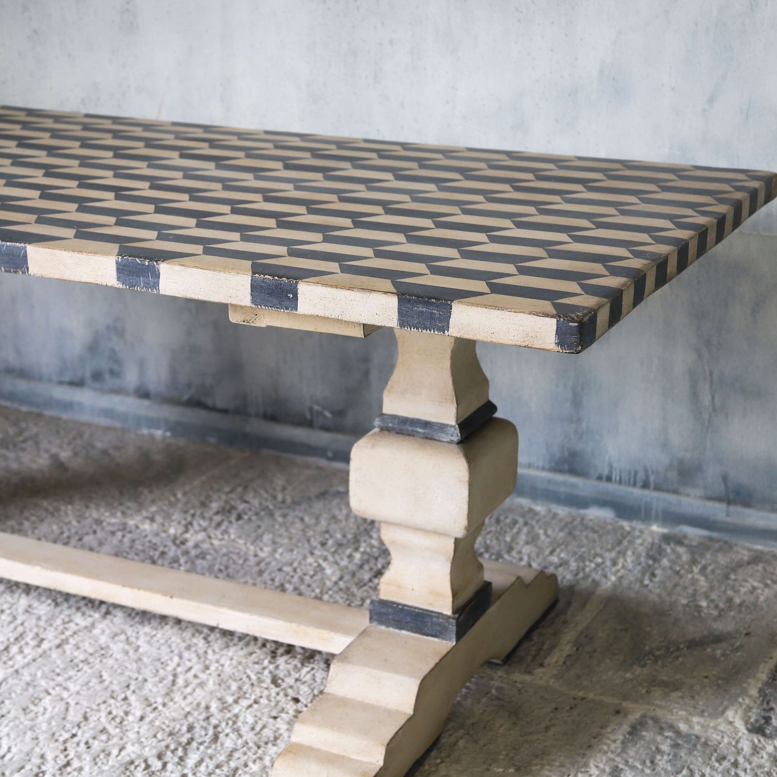 French Mid 20th Century Refectory Farmhouse Style Table   Later Geometric Painted Finish photo for sale