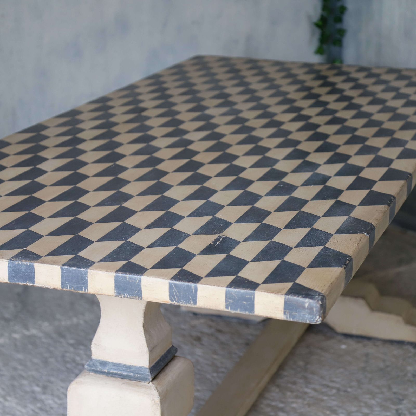 French Mid 20th Century Refectory Farmhouse Style Table   Later Geometric Painted Finish photo vintage