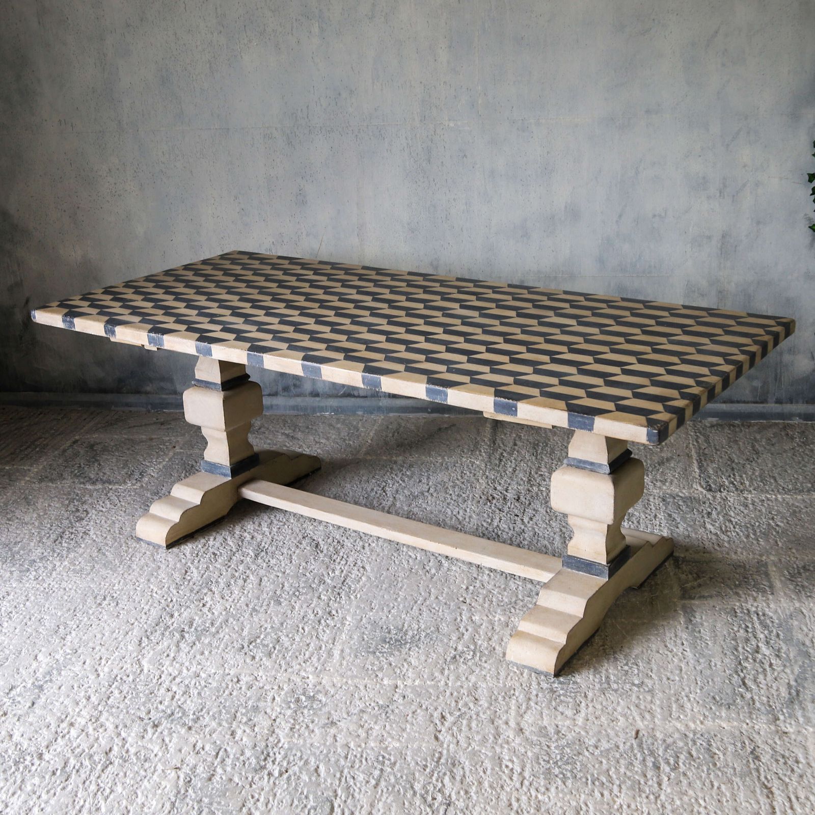 photo vintage French Mid 20th Century Refectory Farmhouse Style Table   Later Geometric Painted Finish