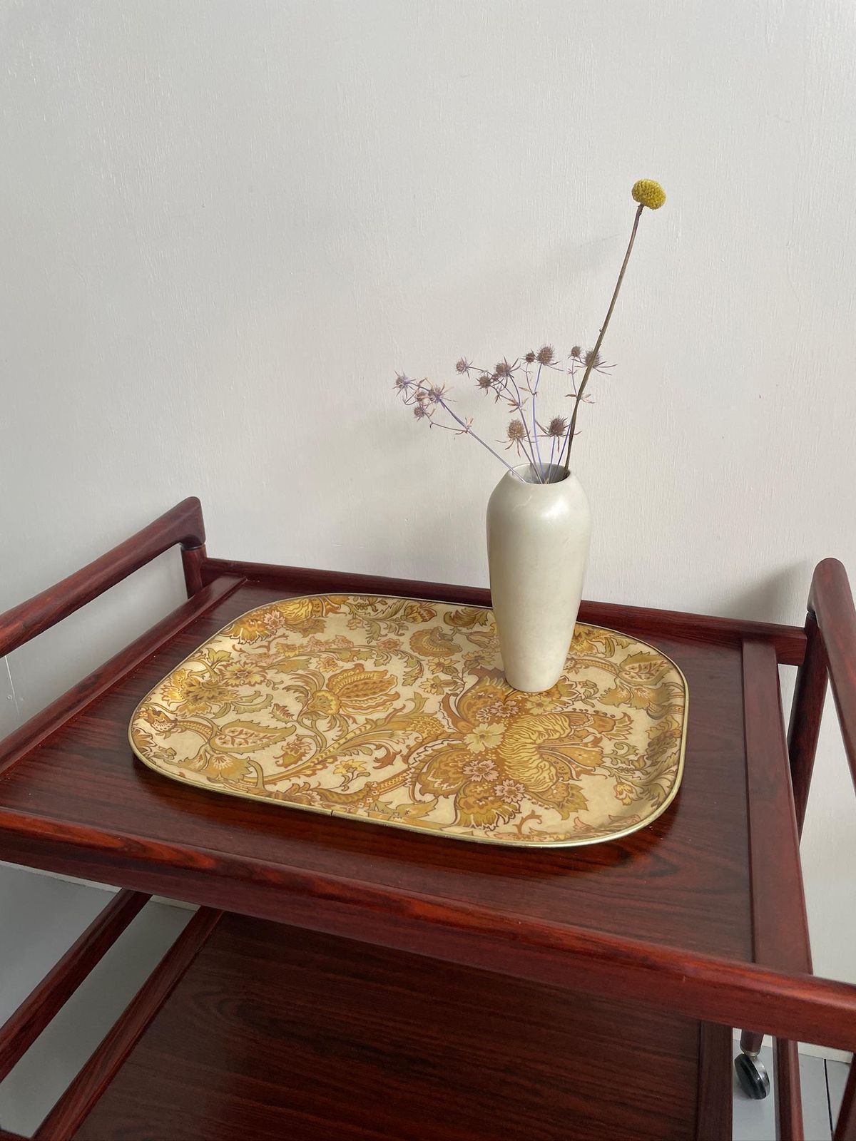 photo for sale Large Fibreglass Tray Kitsch Yellow Beige Orange Floral Leaves From 1970s