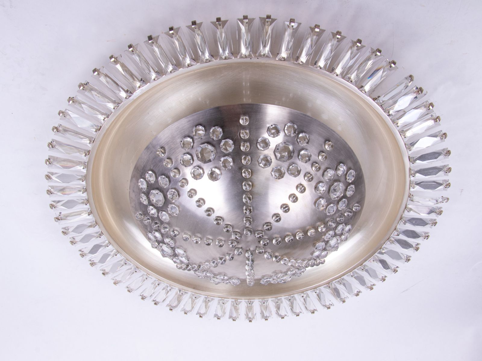 Grand French Sunburst Crystal Flush Mount Chandelier, Art Deco 1940s photo for sale