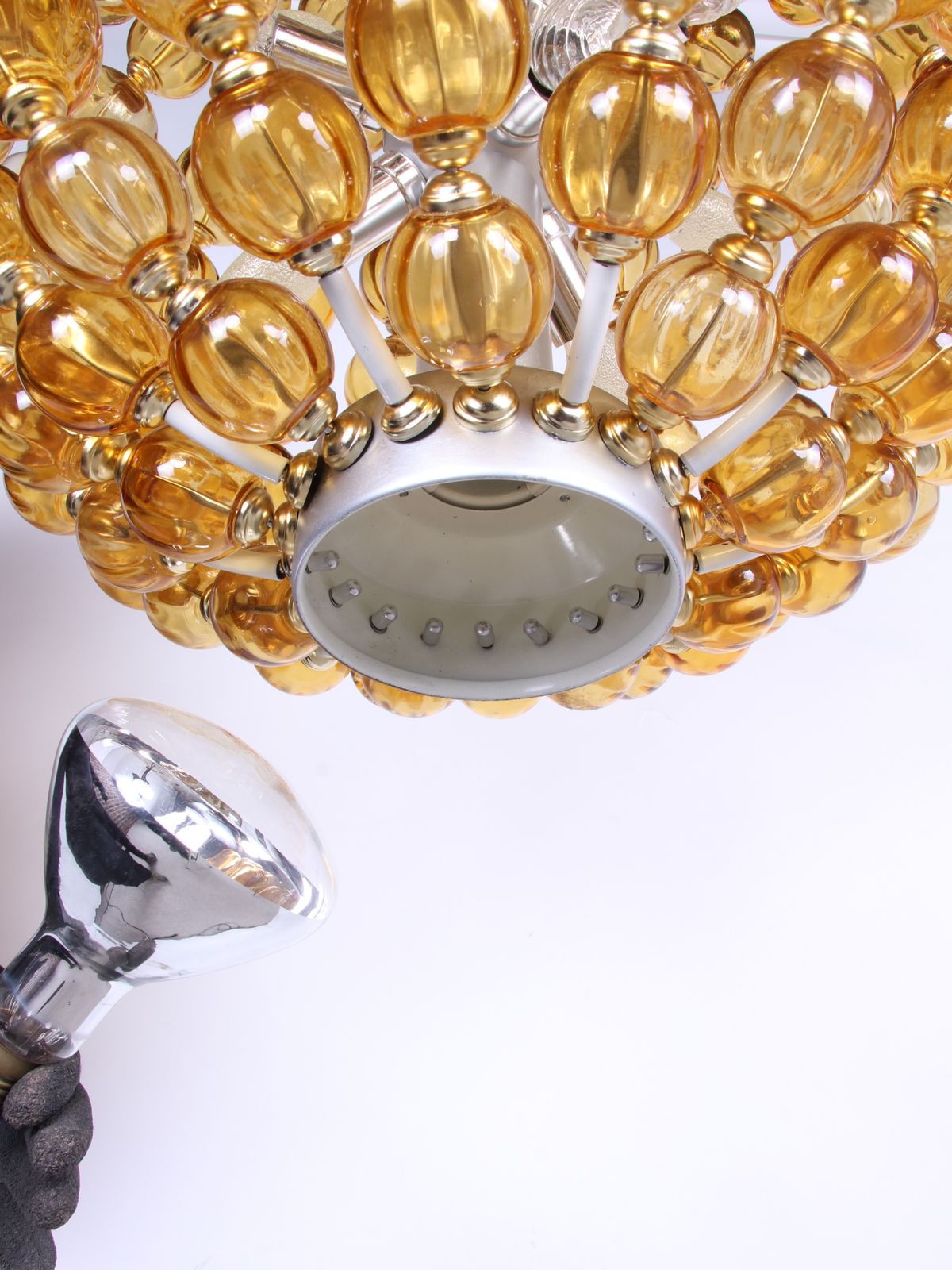 Lighting Spectacular 25" Ballroom Chandelier Handcrafted Amber Glass Balls, Germany 1960s photo
