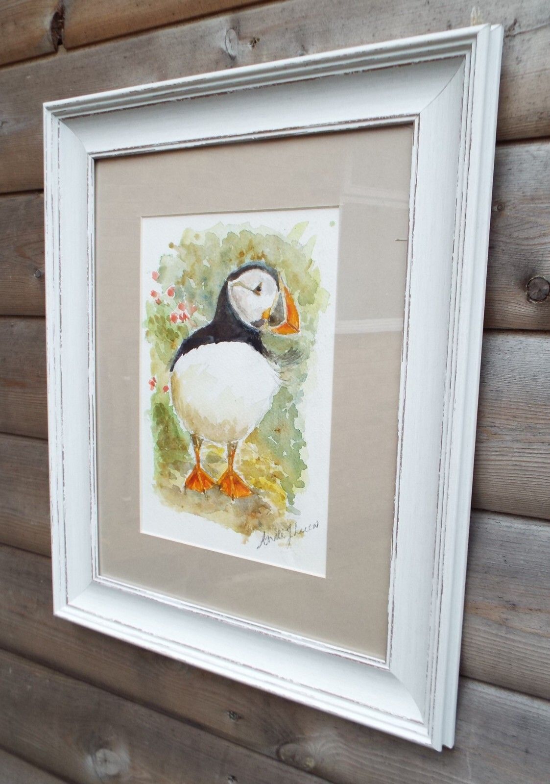 Puffin Watercolour Bird Painting Framed Wildlife Original Andi Lucas photo vinterior