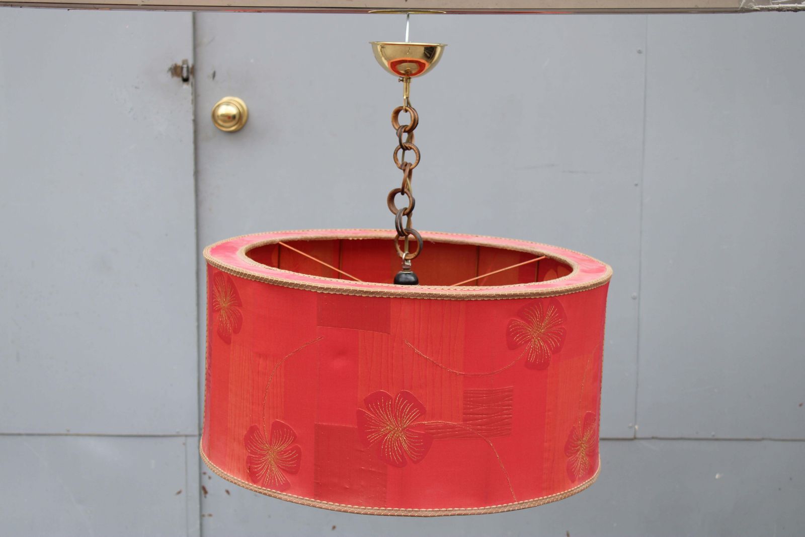 Chandelier With Red Dome Fabric With Flowers Mid Century Italian Design Brass photo furniture