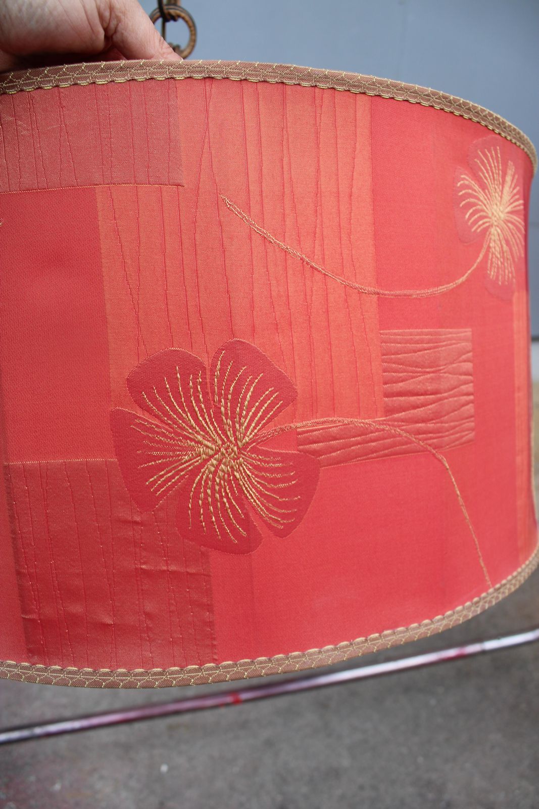 photo for sale Chandelier With Red Dome Fabric With Flowers Mid Century Italian Design Brass