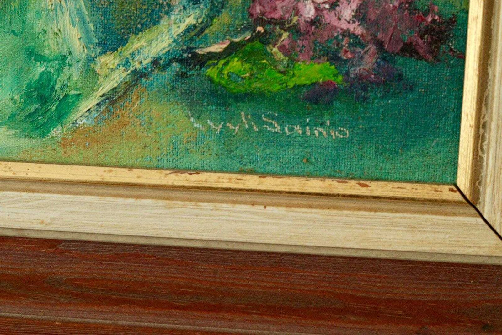 photo for sale Mid Century Original Swedish Oil On Canvas "Floral Arrangement " By Lyyli Sainio Vintage & Framed