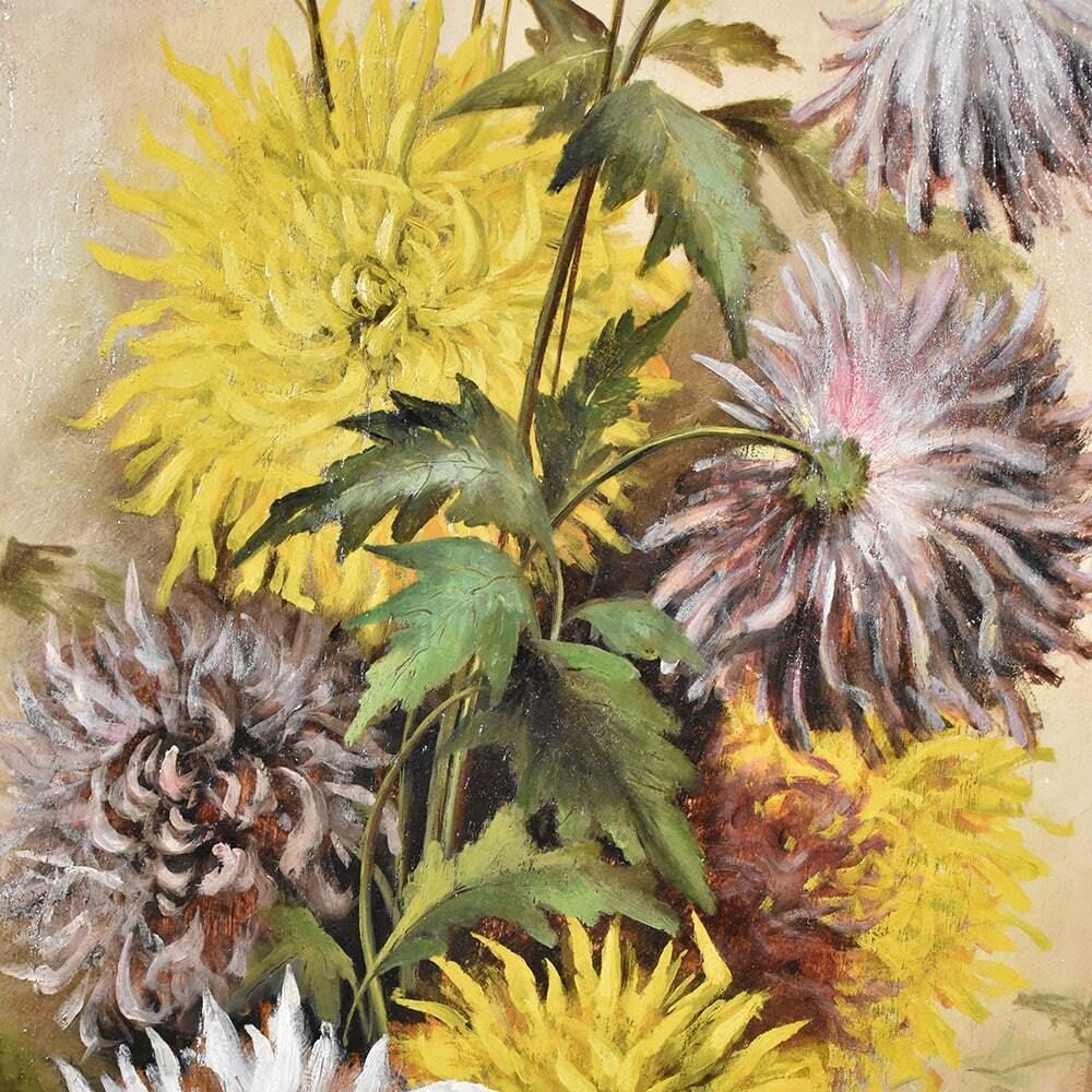 Still Life Painting, Flowers Vase Painting, Flowers Of Dahlias, Oil On Wood, Antique Painting Du XIX Century photo 1000.0