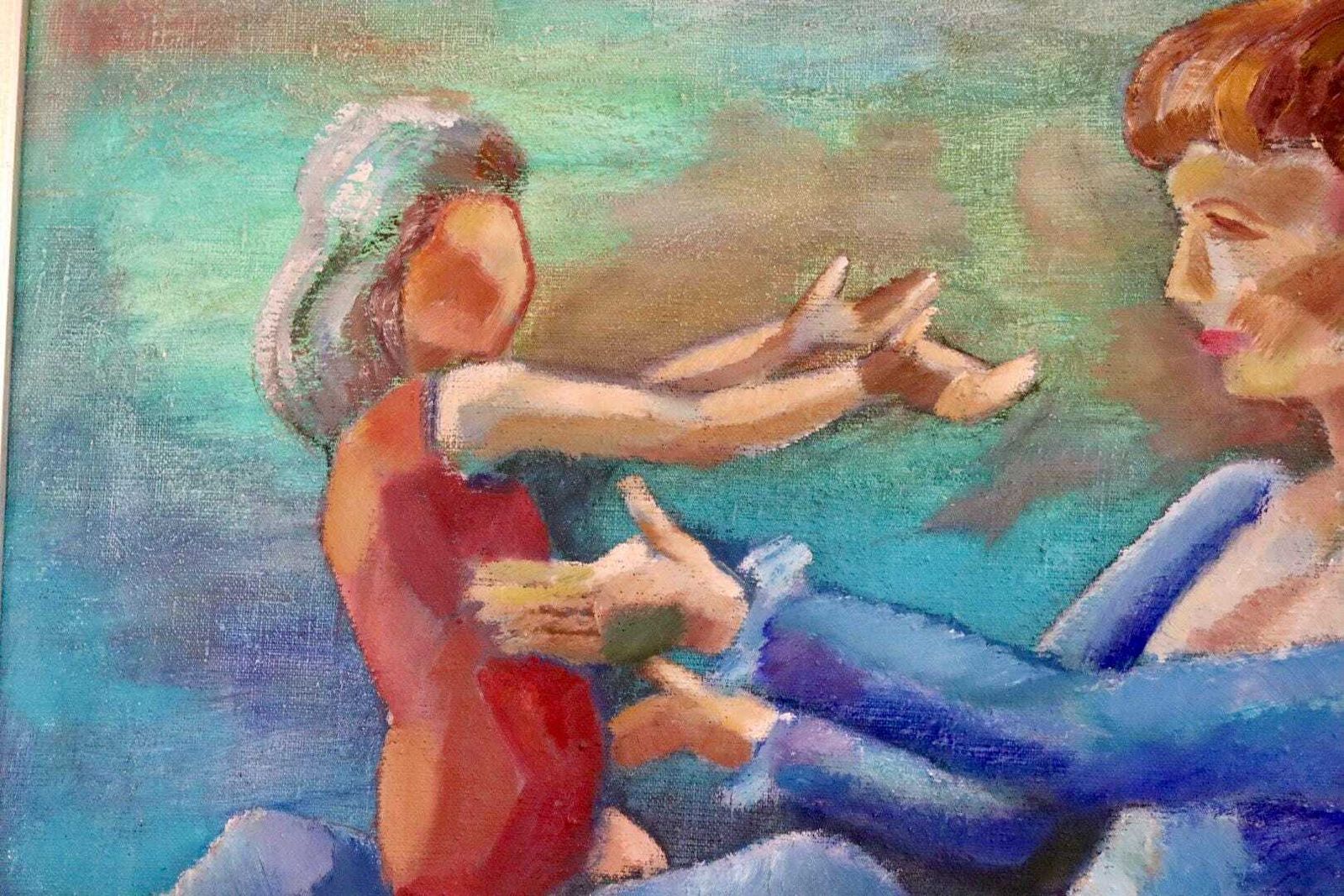 Mid Century Original Swedish Oil On Canvas "Mother And Child " By Martin Kallerroj Vintage & Framed photo vinterior