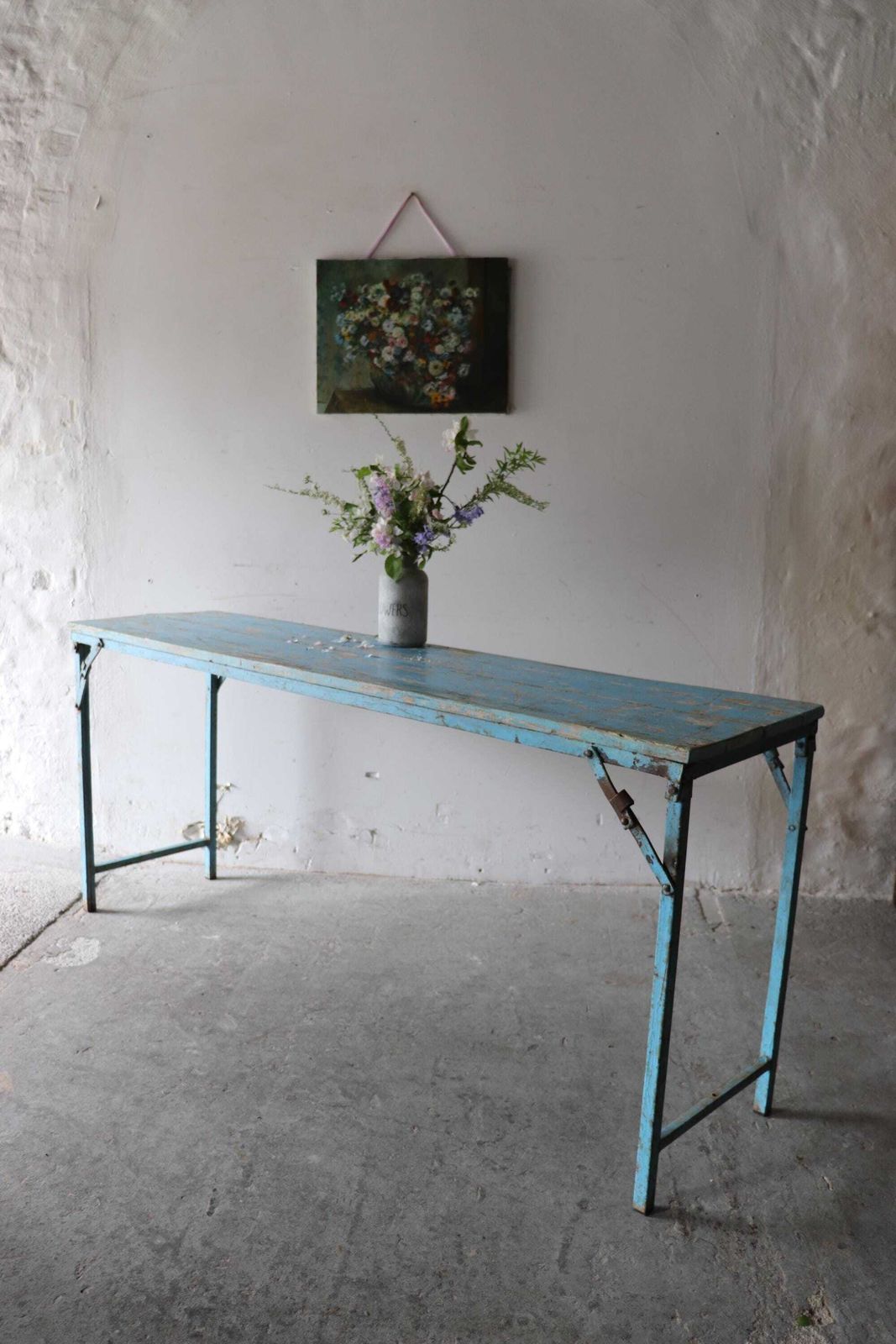 Striking Vintage Trestle Table Or Desk With Cobalt Blue Distressed Top And Metal Folding Legs photo vinterior